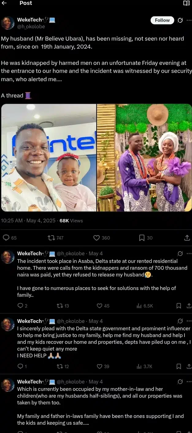 Woman searching for missing husband cries out as mother-in-law takes over house