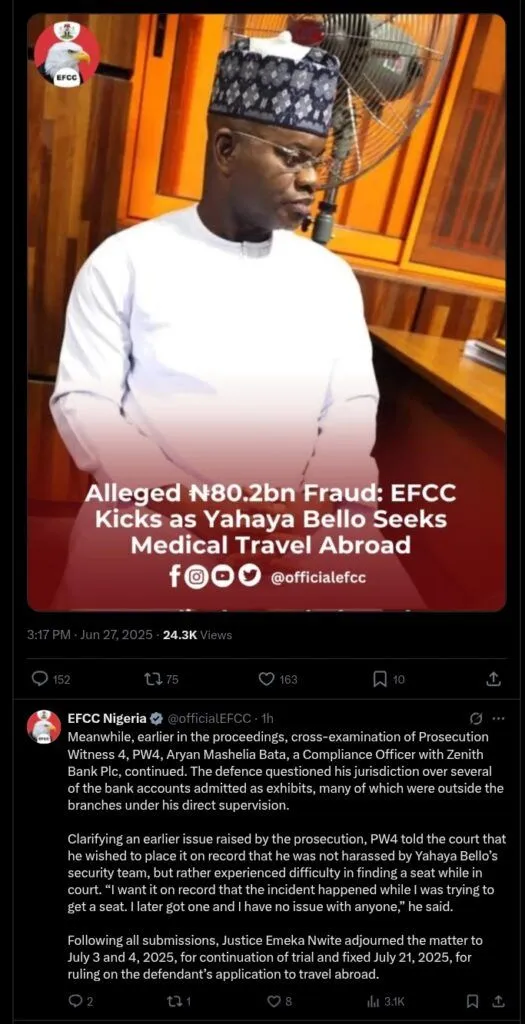 Yahaya Bello seeks medical trip abroad amid ₦80.2bn fraud case