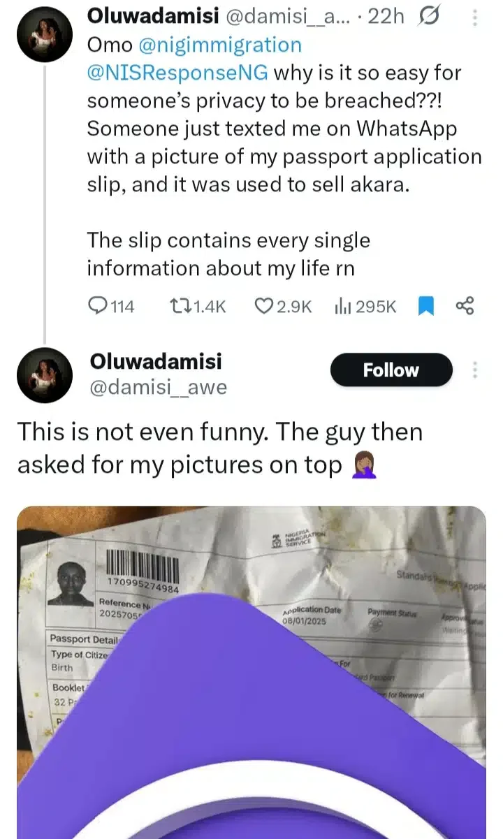 Lady calls out Nigeria immigration service after her application form was used to sell Akara to stranger