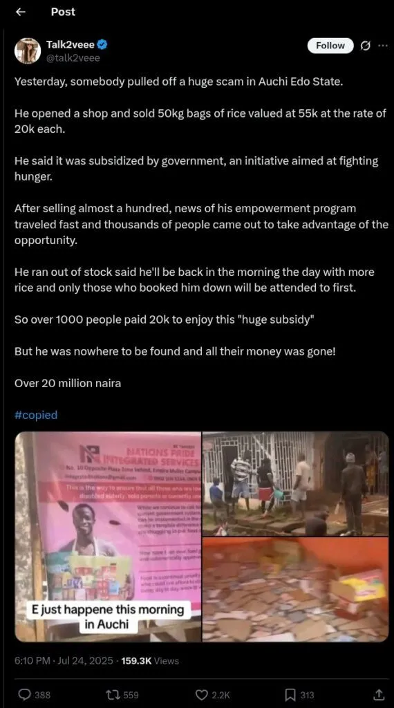 Edo man sells 50kg rice at ₦20k, disappears with over ₦20 million from 1,000+ pre-orders