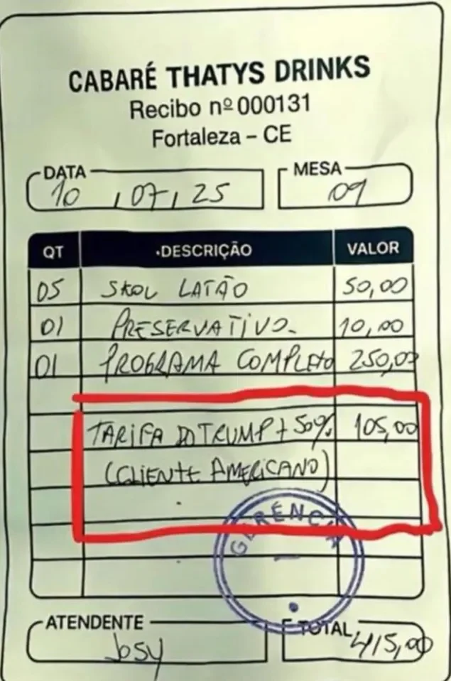 Receipt from a Fortaleza cabaret showing charges for drinks, condoms, a show, and a 50% Trump tariff for an American customer.