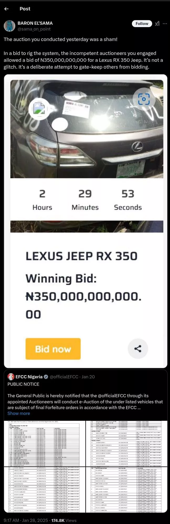 Man calls EFCC car auction a scam after ₦350 billion bid for Lexus RX 350 Jeep