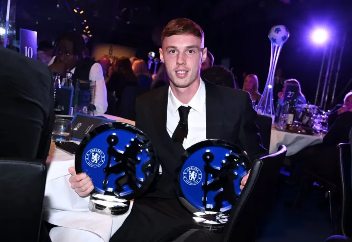 Chelsea star Cole Palmer poses with his awards