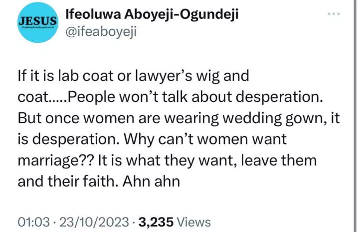 Nigerian lady responds after a man asked a lady who wore a wedding gown to a religious programme to check her desperation