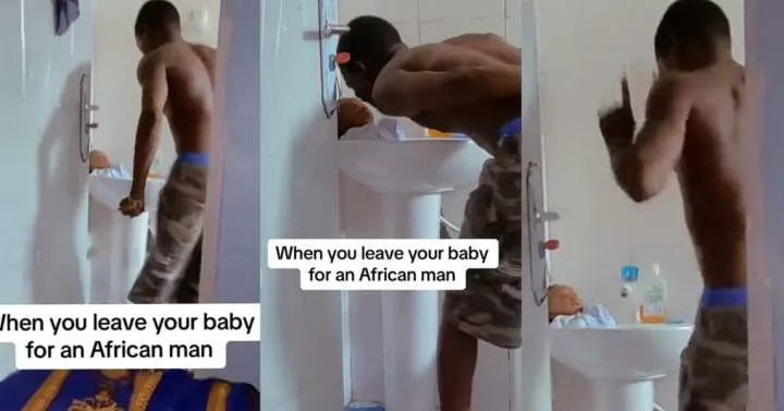 Lady exposes what she caught her husband doing after leaving baby with him