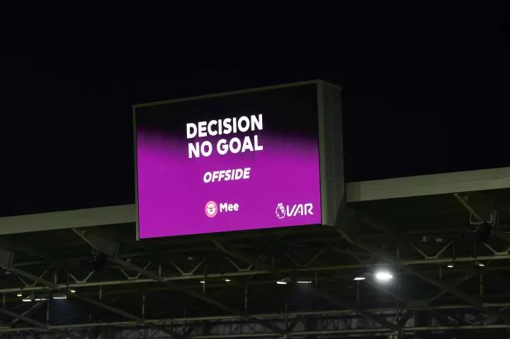 VAR rules out a goal for Ben Mee of Brentford during the Premier League match between Brentford and Liverpool on January 2, 2023.