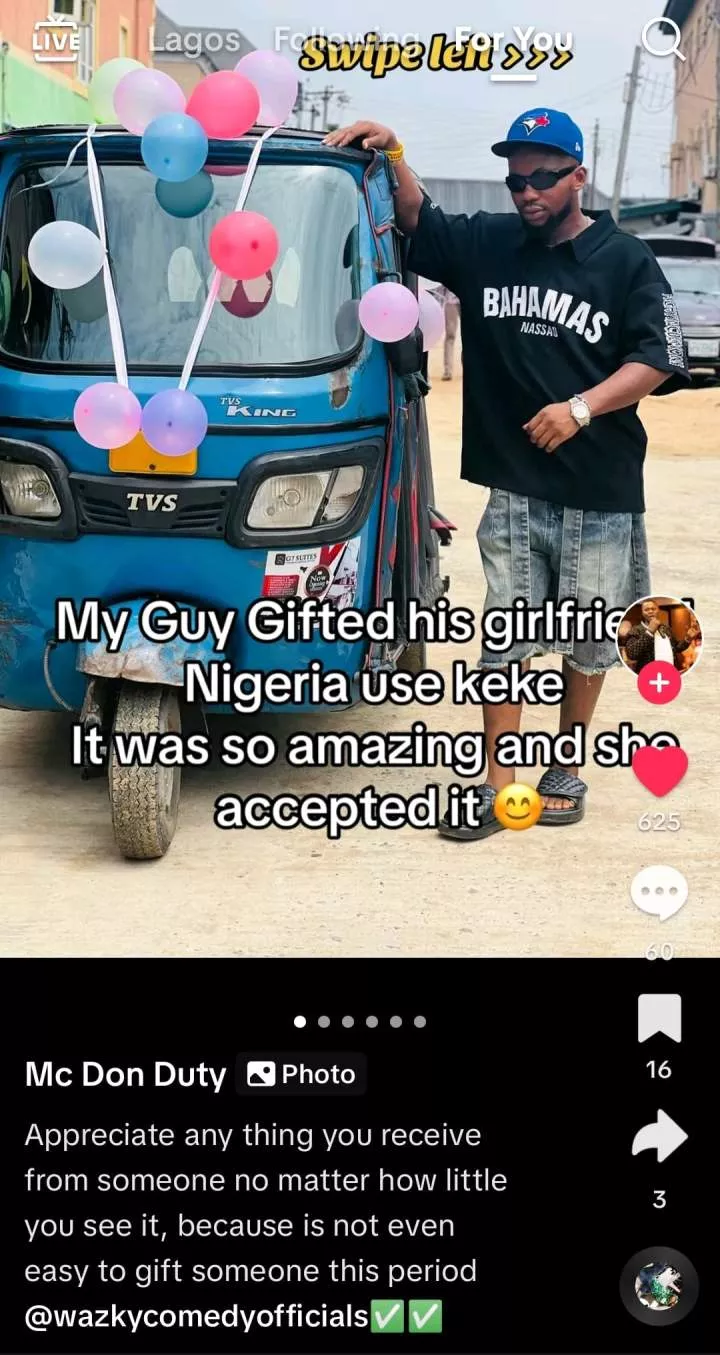 Nigerian man gives girlfriend fairly used tricycle as token of gratitude