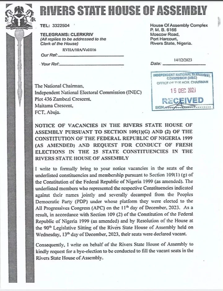 Rivers crisis: INEC receives Ehie's letter on vacancies in State Assembly