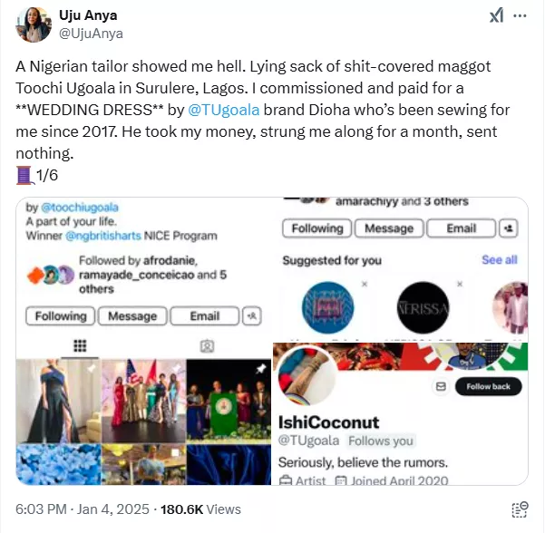 American professor, Uju Anya calls out Nigerian tailor for scamming her of $400 for wedding dress