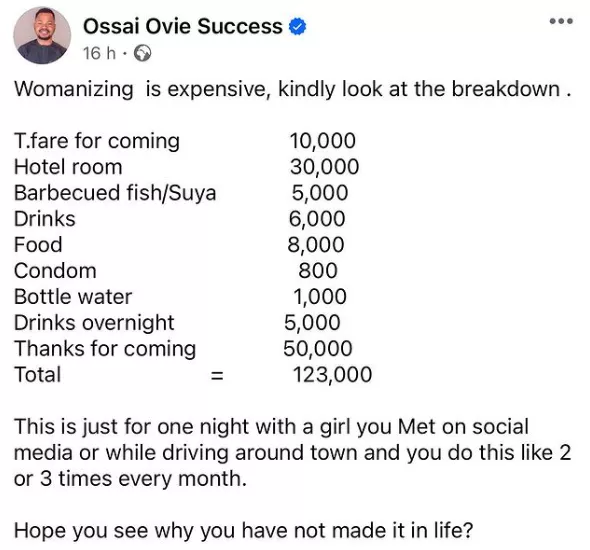 See why you have not made it in life?- Delta state gov?s aide tells men as he lists the financial costs of womanizing as of today