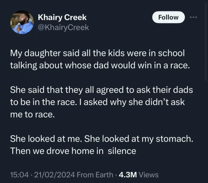 'She looked at me, then looked at my stomach' - Father shares reason his daughter did not ask him to participate in dads race