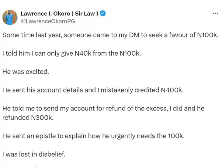 Man shares how he mistakenly credited fan's account with N400k instead of N40K