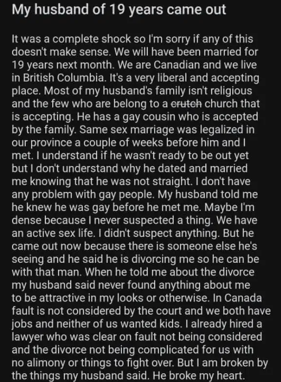 Lady devastated as she discovers her husband of 19 years is gay