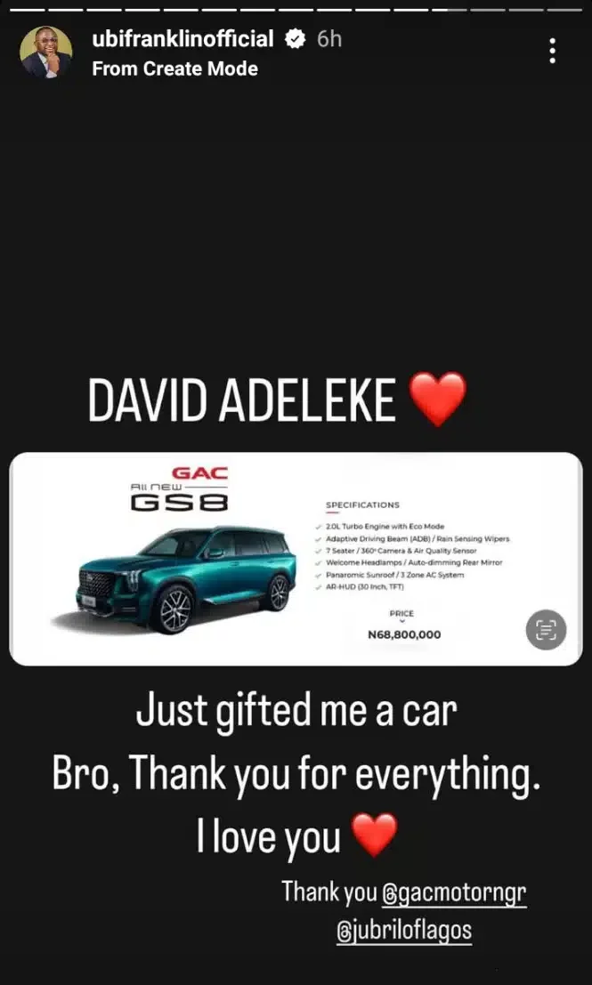 Ubi Franklin pens appreciation to Davido as he receives new car worth N68 million