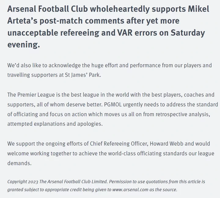 Why other EPL Clubs should back Arsenal's statement in support of Arteta's comments about refereeing