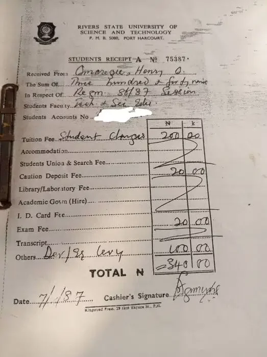 'I paid just N340' - Nigerian man shares his 1987 university tuition fee official receipt online, receipt causes buzz