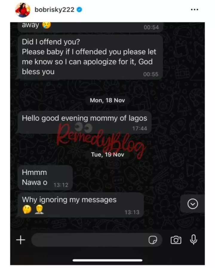 Bobrisky shares photo of toaster who started dragging him for his refusal to reply his messages