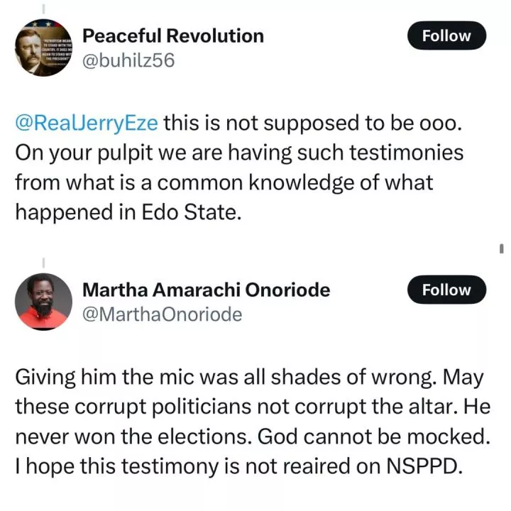 X-users react as Edo state governor, Monday Okpebholor testifies in Pastor Jerry Eze?s church of how God miraculously made him Governor