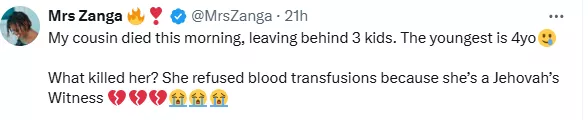 Lady passes away after reportedly refusing blood transfusion due to religious belief