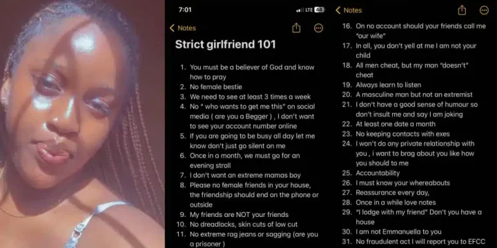 Lady reveals 31 strict relationship rules for future boyfriend