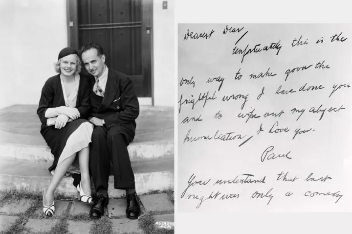 Jean Harlow and Paul Bern sits on steps, smiling. On the right, a handwritten letter expresses love and regret for wrongdoing