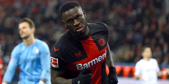 Victor Boniface celebrates for Bayer Leverkusen