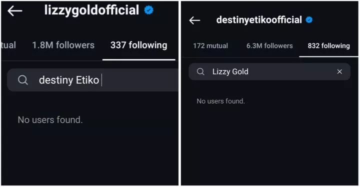 Trouble in paradise as Destiny Etiko and Lizzy Gold unfollow each other