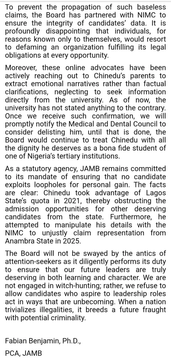 JAMB reacts as Nigerians rally behind top-scoring candidate amid 'mercenary' allegation