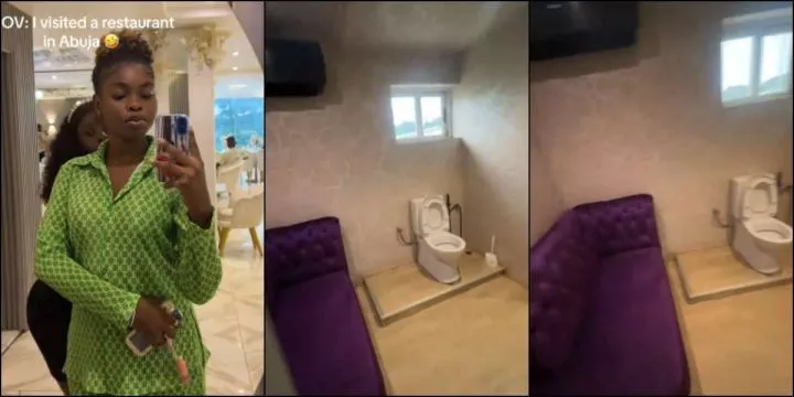 Lady puzzled as she sees sofa in toilet at an Abuja restaurant