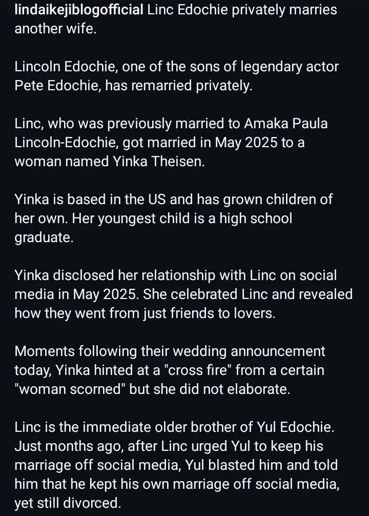 Linc Edochie reportedly remarries