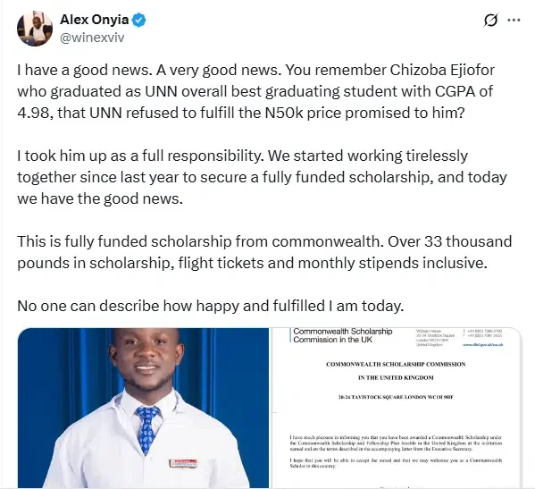 UNN best-graduating student receives fully funded Commonwealth scholarship after N50K prize snub