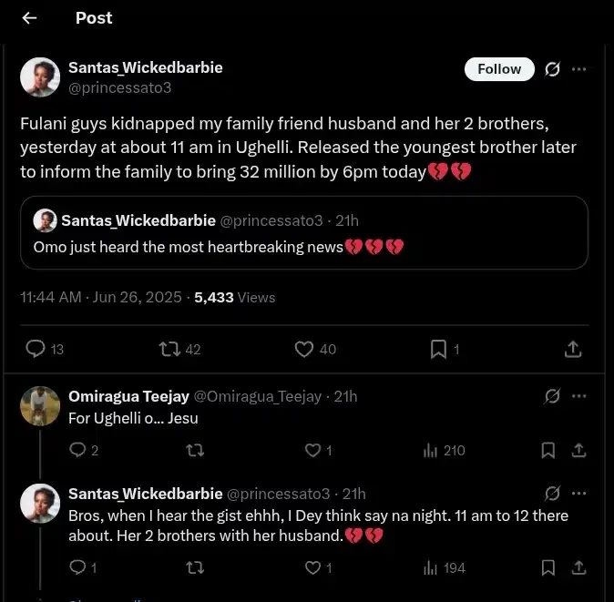 Lady cries out as kidnappers abduct friend's husband, 2 brothers in Ughelli, demand ₦32m ransom