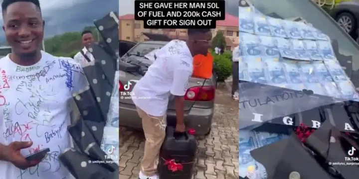 Lady surprises boyfriend with ₦200k, money bouquet, 20-liter fuel on his sign-out day Lady surprises boyfriend with ₦200k, money bouquet, 20-liter fuel on his sign-out day