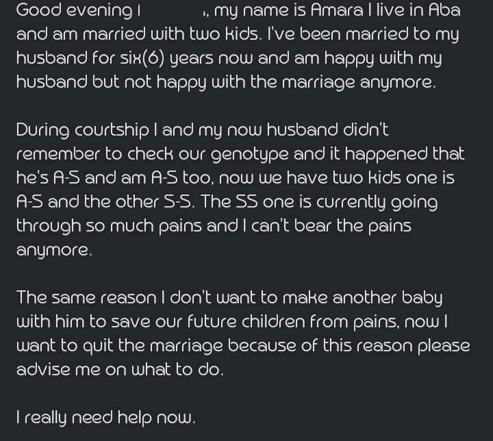 'I and my husband forgot to check our genotype, now our kid is SS' - Lady seeks advice as she wishes to end marriage