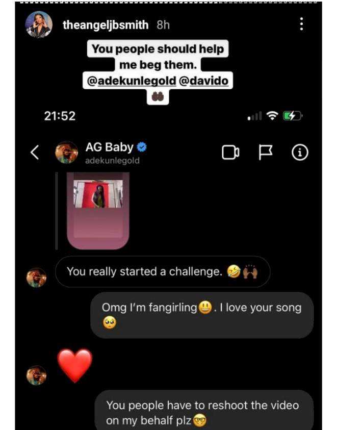 BBNaija's Angel shares her chat with Adekunle Gold (Screenshot)