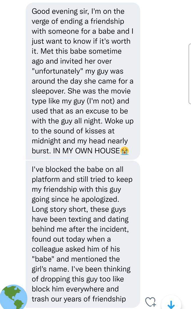 Man narrates how long-time friend snatched his babe after a movie night together in his house