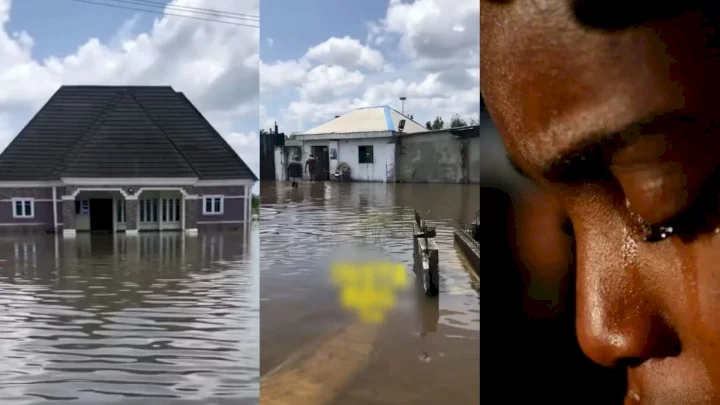 Lady cries uncontrollably as flood swallows her mansion in Bayelsa (Video)