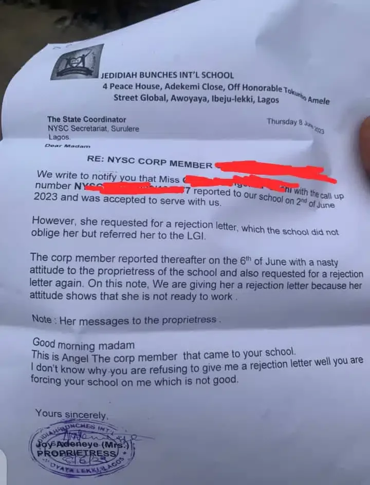 'She came to our school with a nasty attitude' - Corps member's rejection letter stirs reactions