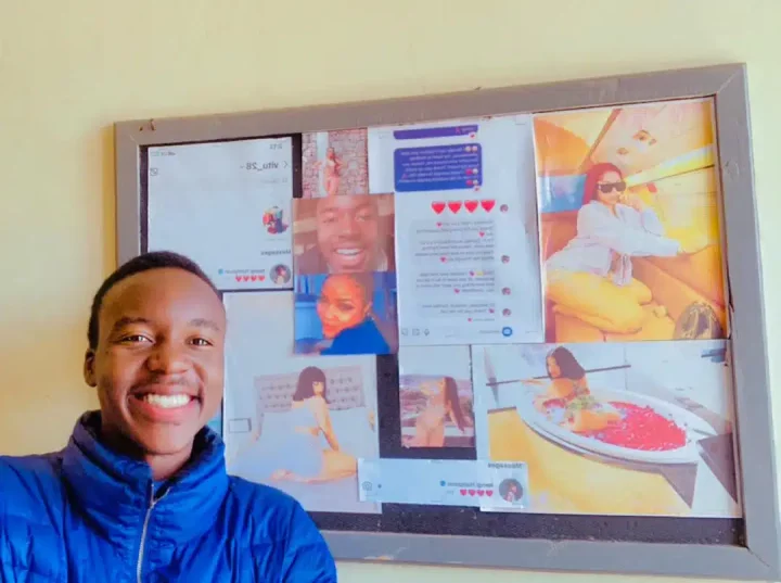 Obsessed fan sets up a collage of BBNaija star, Nengi's pictures in his room