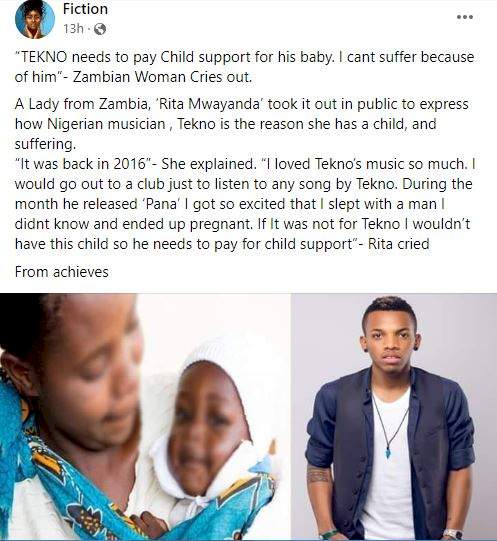 'He needs to pay for child support' - Zambian lady reportedly calls out Tekno, says his songs made her pregnant