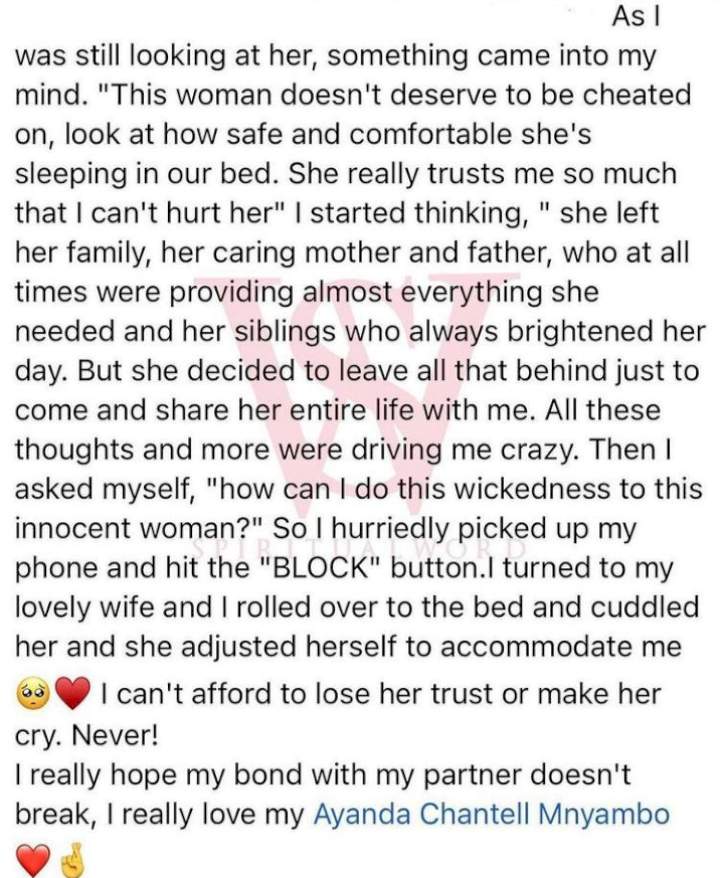 Man applauds himself for overcoming temptation to cheat on his wife