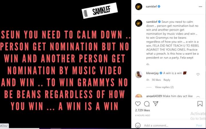 'A win is a win' - Producer Samklef schools Seun Kuti for making snide remarks about Wizkid's Grammy