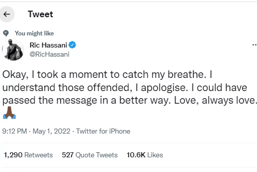 Ric Hassani apologises after receiving heat for belittling his colleagues' performances while hailing Burna Boy