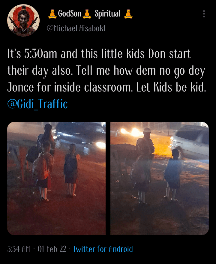 'Let kids be kids' - Twitter user expresses displeasure after spotting woman taking her children to school by 5:30am