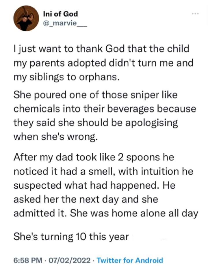 Lady narrates how her adopted sister of less than 10-year-old attempted to poison her parents