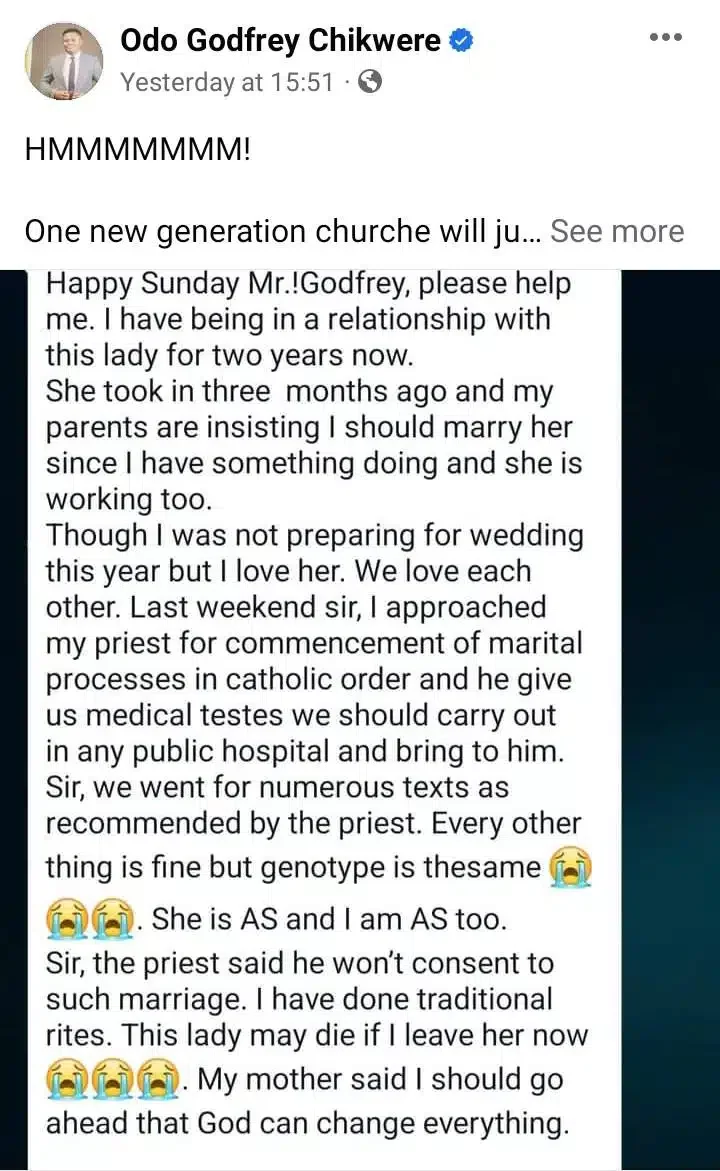 'AS and AS' - After traditional wedding, man discovers that his genotype does not match with wife