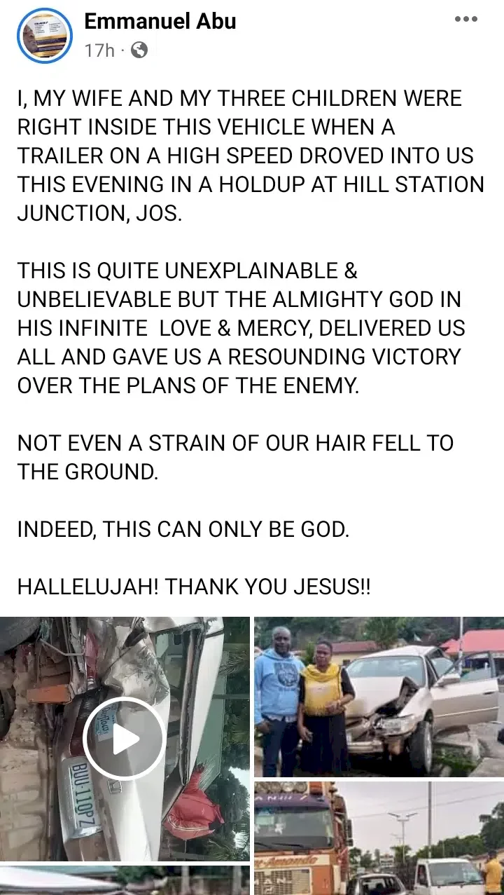 'What God cannot do does not exist' - Reactions as family of 5 walks away uninjured after a trailer crushed their car in Jos (Photos)