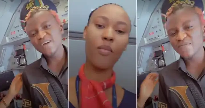 "His Grammar is so clean" - Portable changes accent as he meets pretty flight attendant (Video)