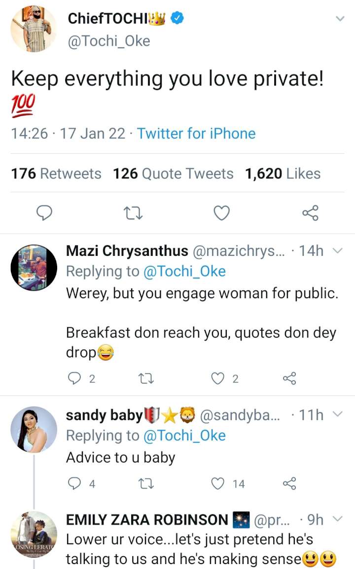 Keep everything you love private - Reality TV star, Tochi mocked for dropping 