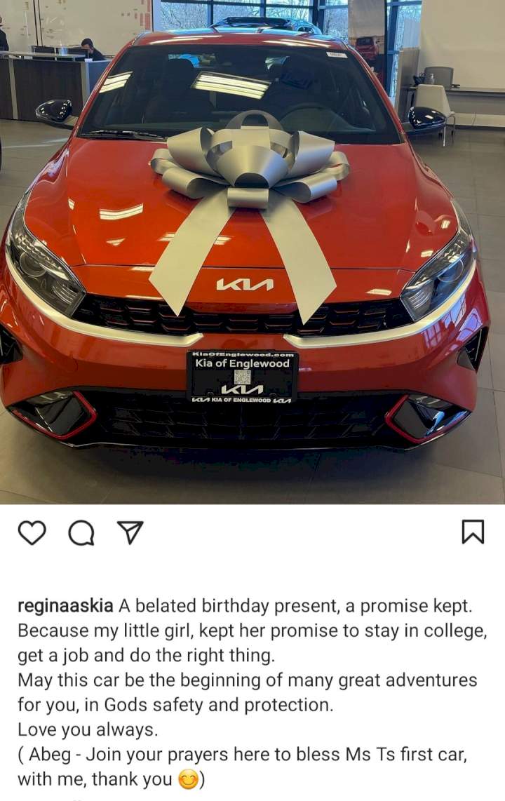 Regina Askia gifts her look-alike daughter, Tessa, a car for keeping her promise to stay in college